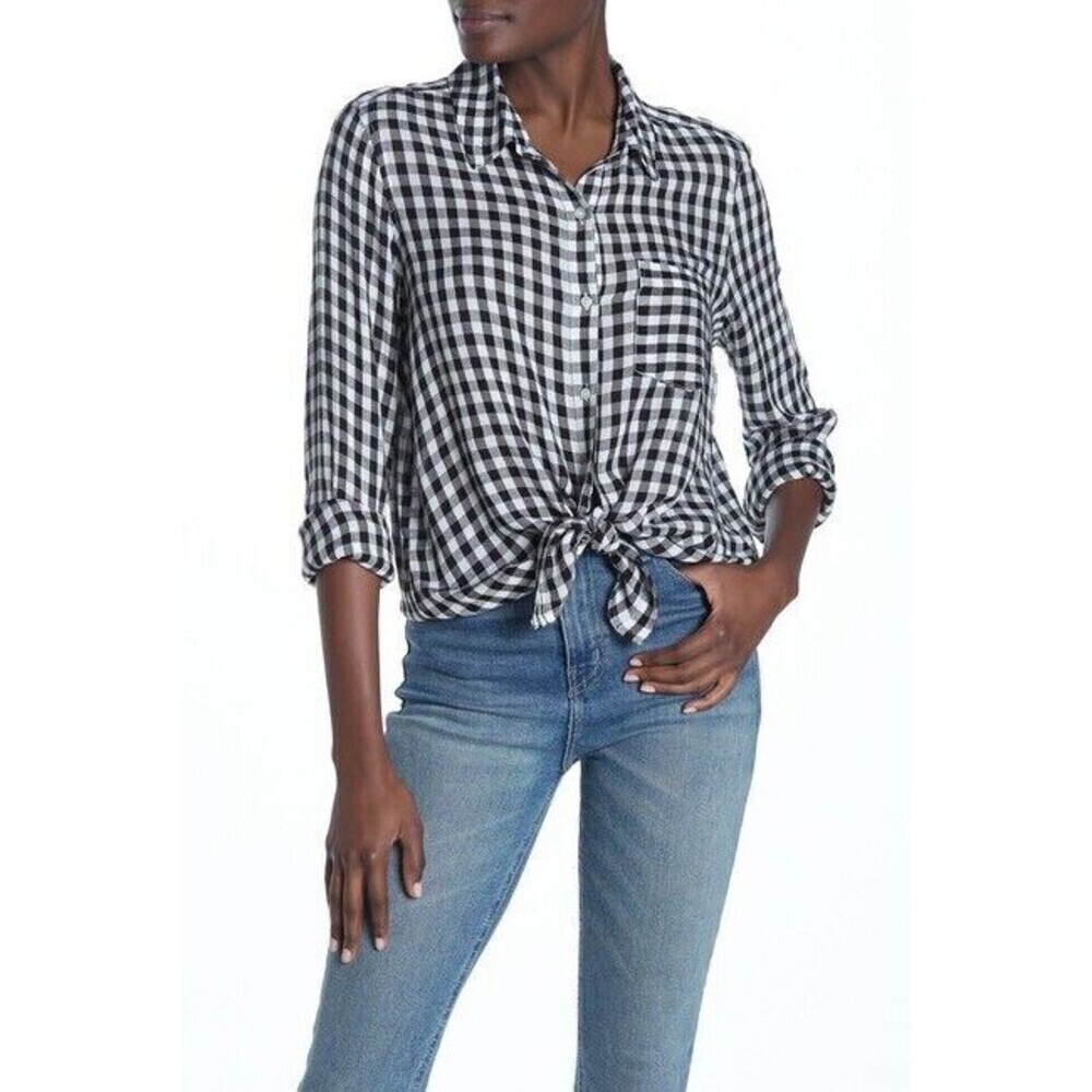Abound Weekend Tie Front Black Annet Checked Light Shirt Size XS